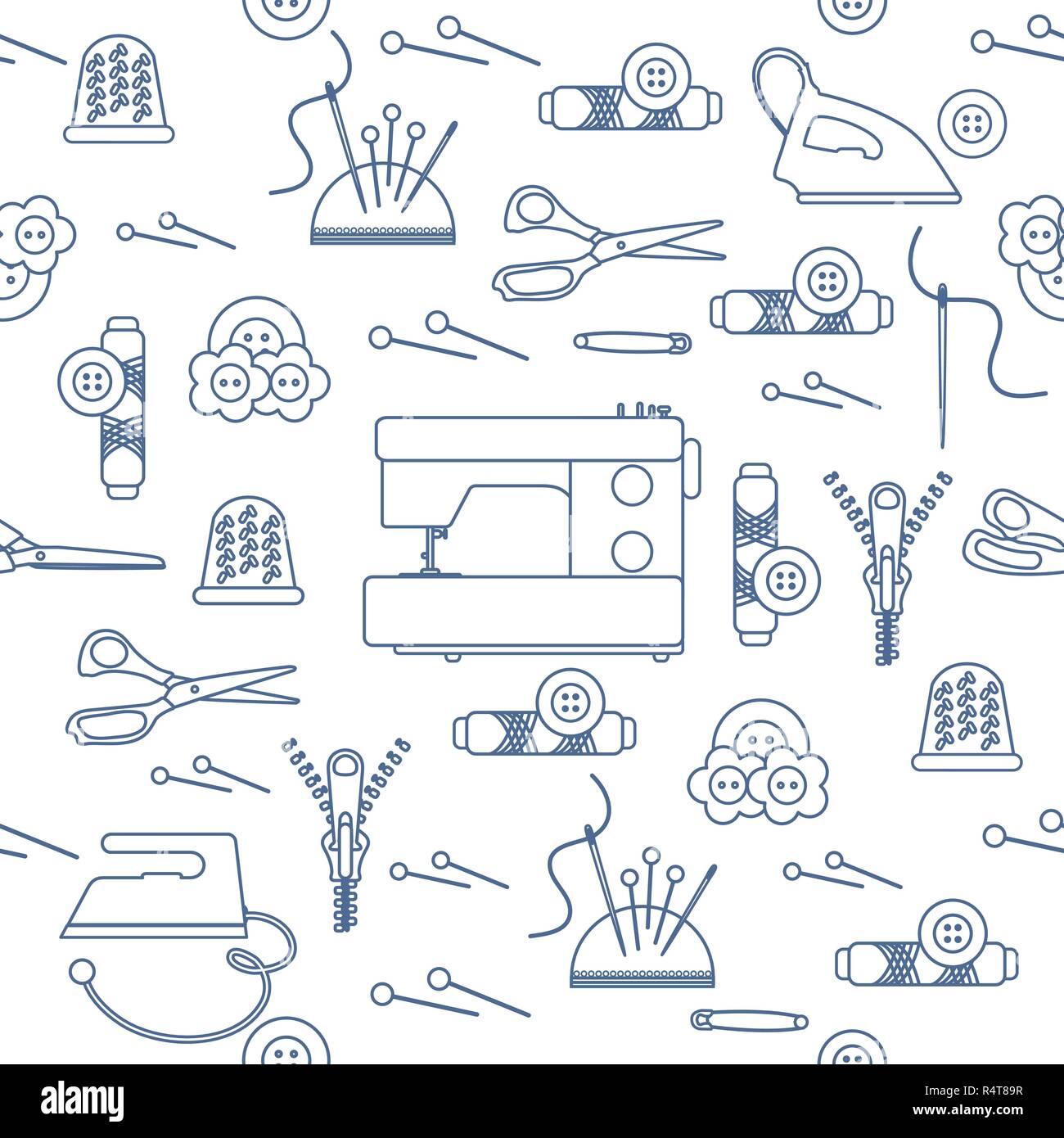 Seamless pattern with zipper, needles, thimble, pins, threads, buttons ...