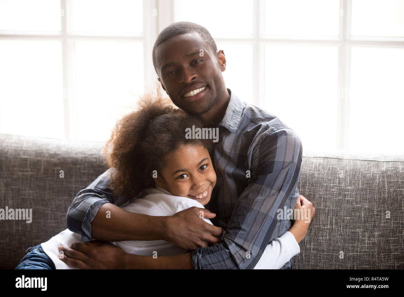 Head shot portrait happy African American family at home Stock Photo ...