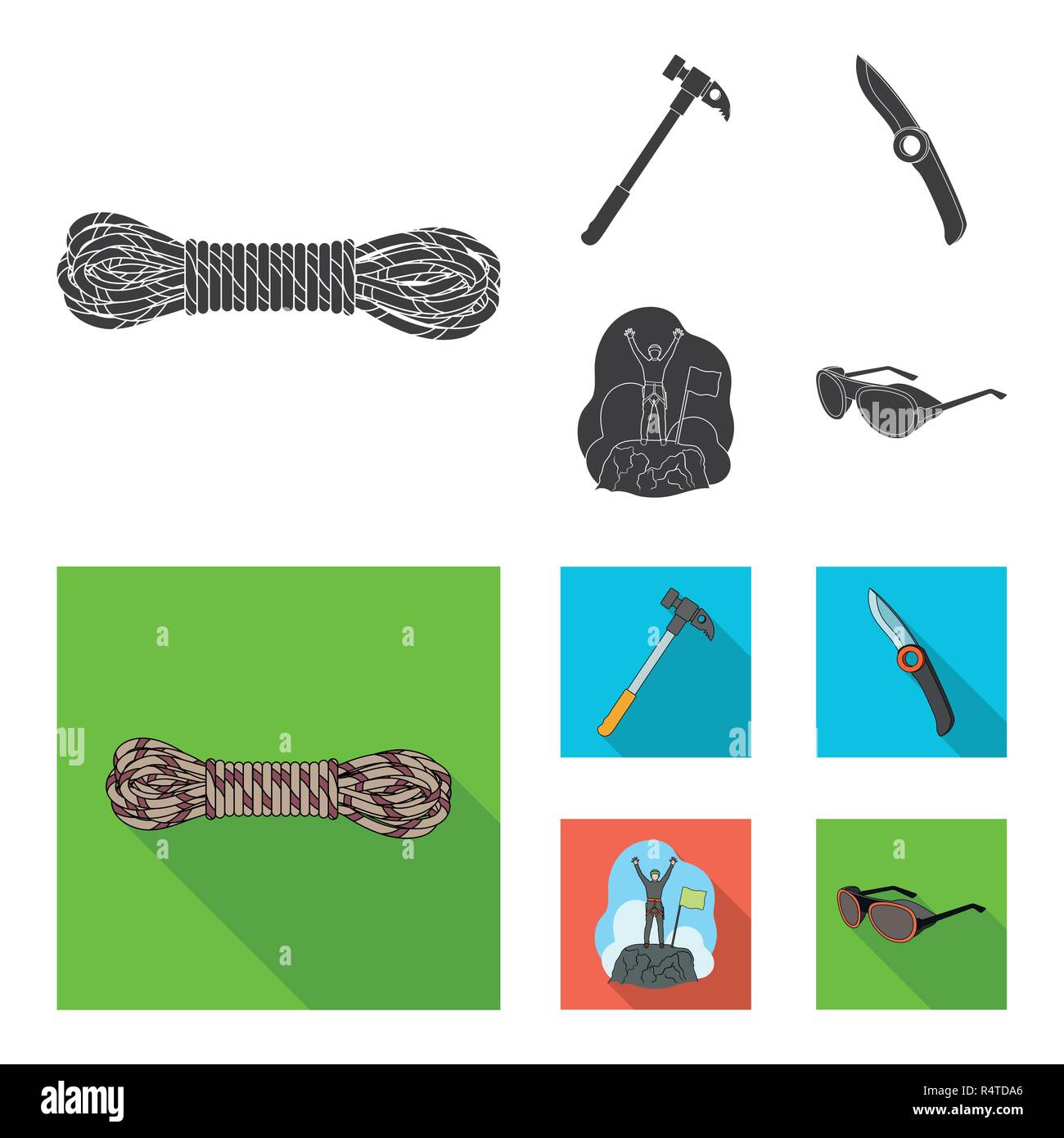 Climber on conquered top, coil of rope, knife, hammer.Mountaineering