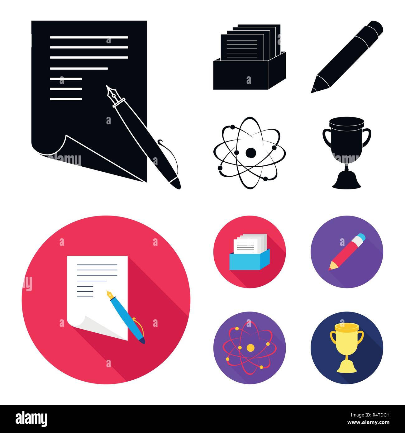 A pen with paper, a catalog in a box, a red pencil, an atom with a core ...