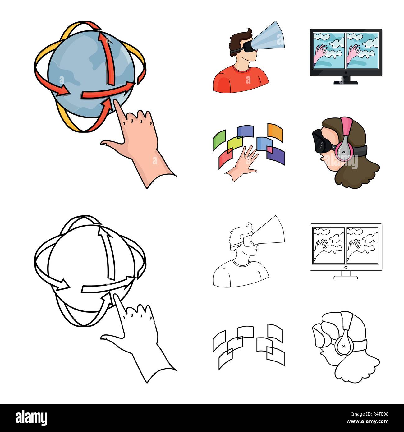 Hand, monitor, headphones, woman .Virtual reality set collection icons ...