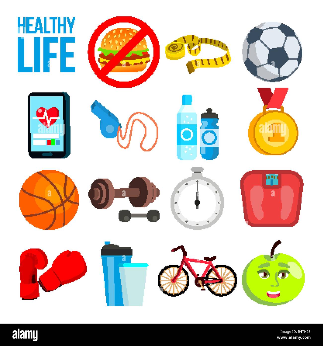 Sports Nutrition Concept. Vitamins, Minerals, Dumbbells, Scales Vector. Isolated Cartoon