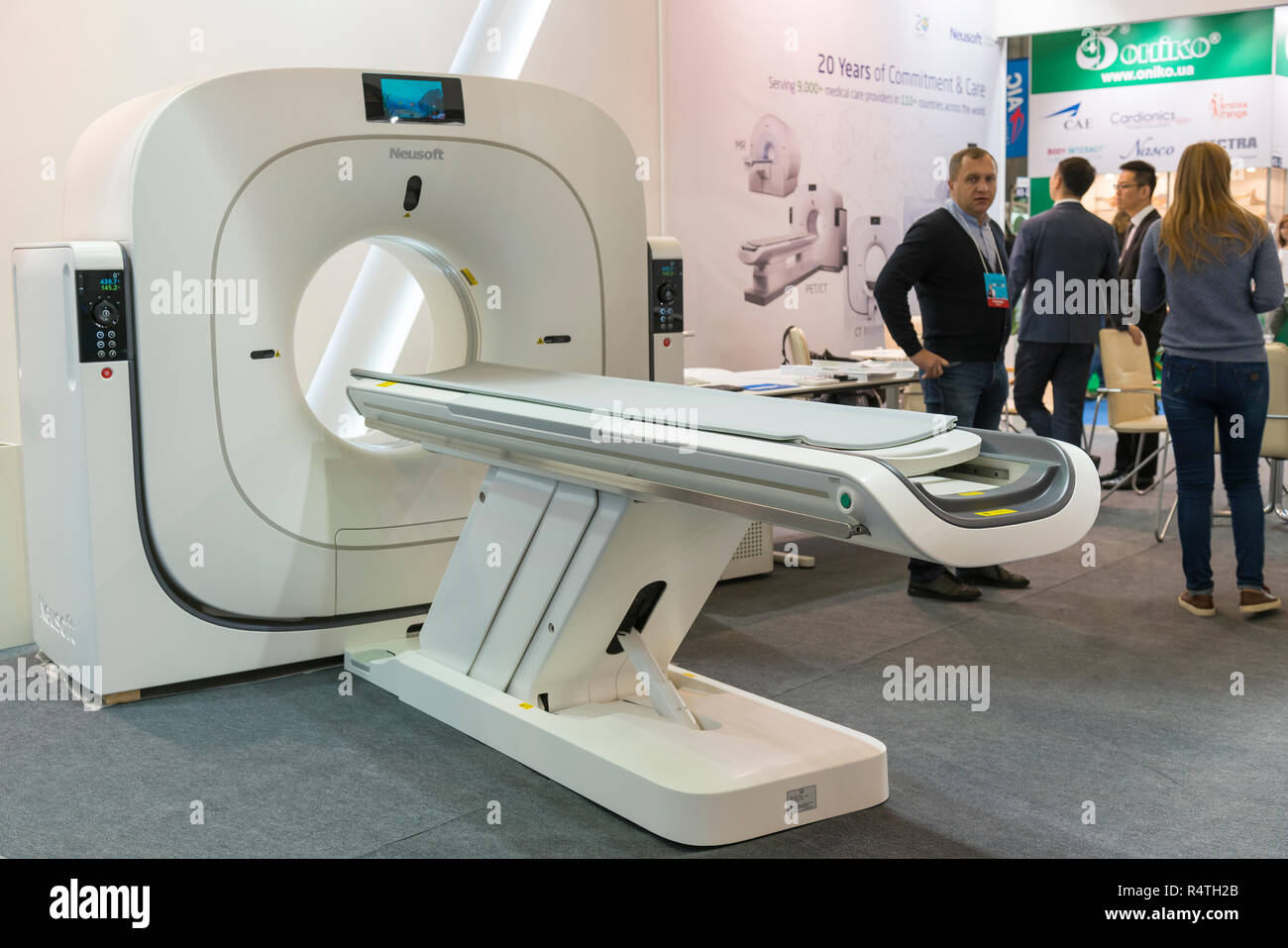 Kiev, Ukraine. October 5 2018. computer tomography exhibition. CT scanner at the medical exhibition exhibition. Representative sits on the exhibition  Stock Photo
