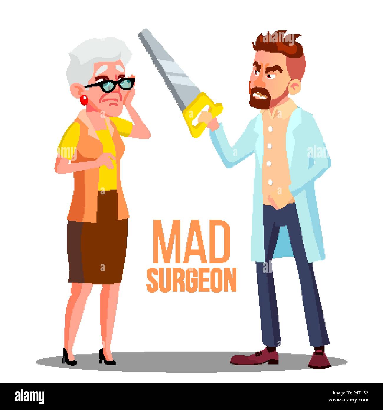 Mad Doctor Surgeon With A Saw In Hand And Scared Patient Old Woman Vector. Isolated Cartoon Illustration Stock Vector