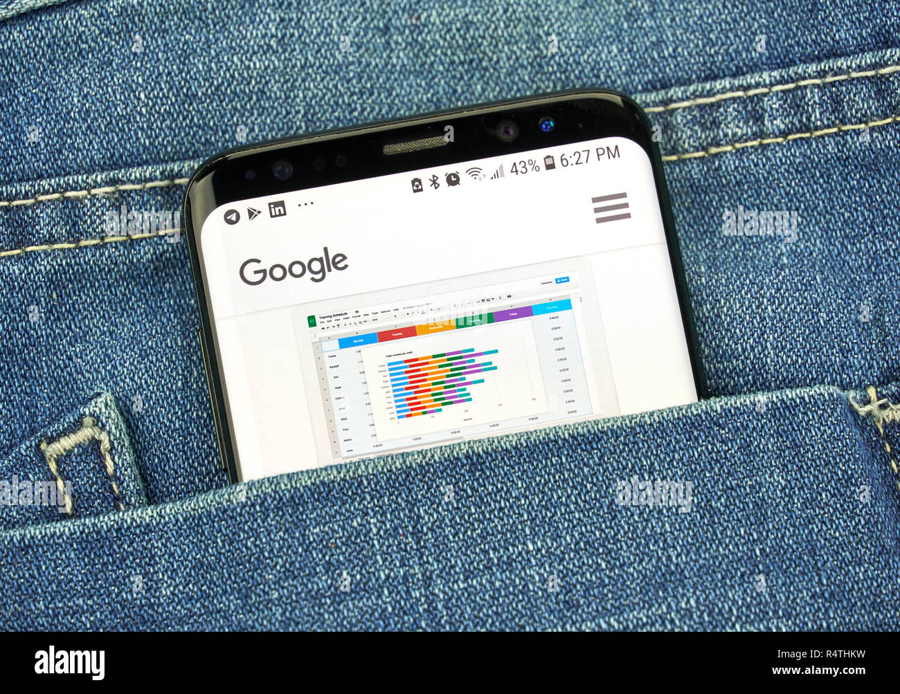 MONTREAL, CANADA - OCTOBER 4, 2018: Google Sheets app on s8 screen. Google is an American technology company which provides a variety of internet serv Stock Photo