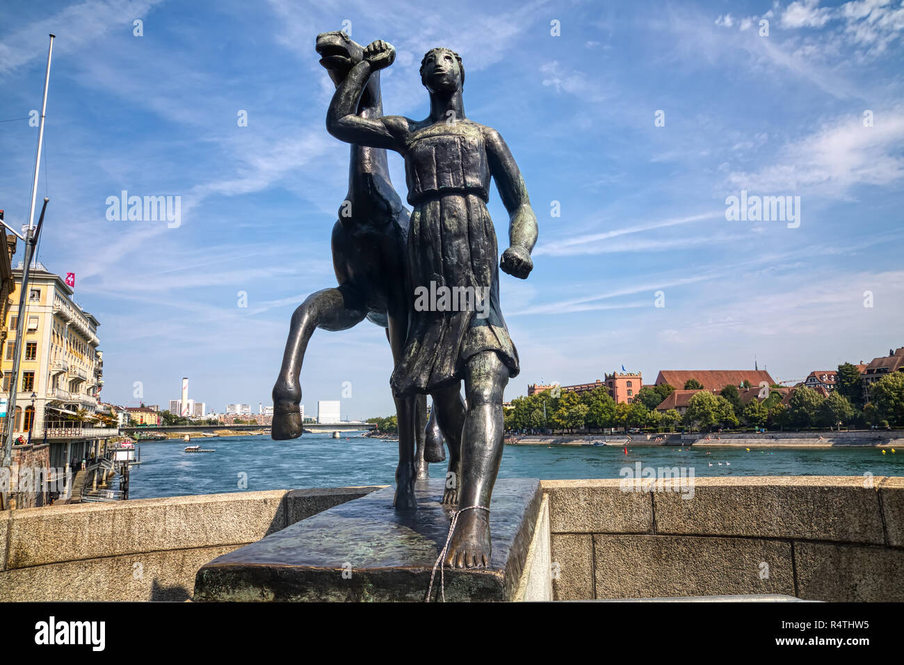 Basel, Switzerland - August 1, 2018: The river Rhine and the historic center of Basel Stock Photo