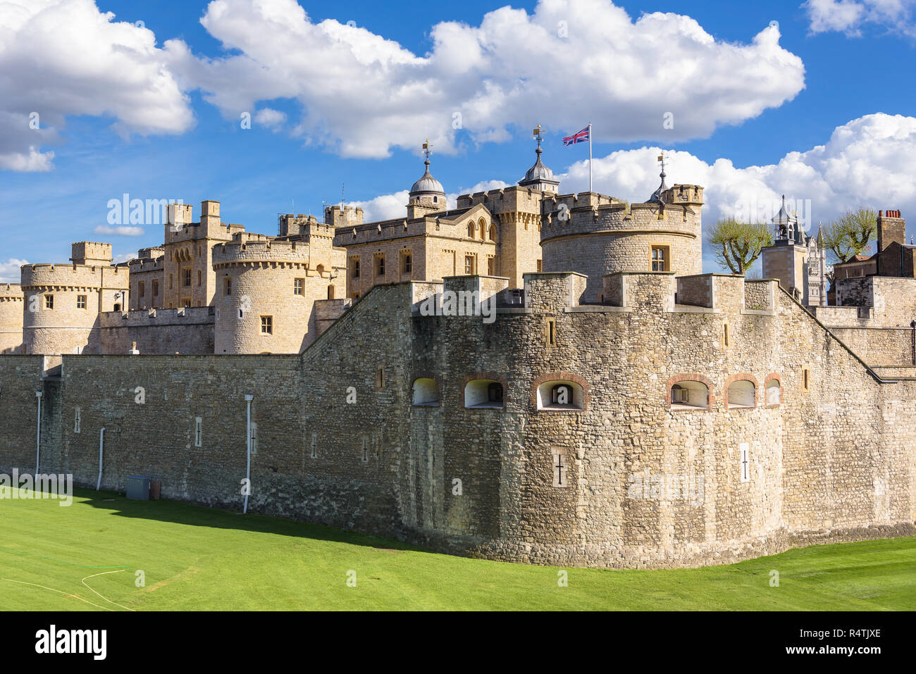 Architecture of Tower of London, medieval prison and famous landmark of british capital Stock Photo