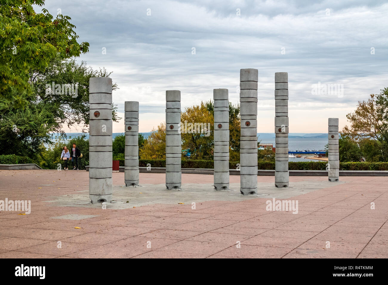 VLADIVOSTOK, RUSSIA - OCTOBER ,6 2018: Sculptural composition Seven hills Vladivostok. Each object of the group corresponds to one of the seven highes Stock Photo