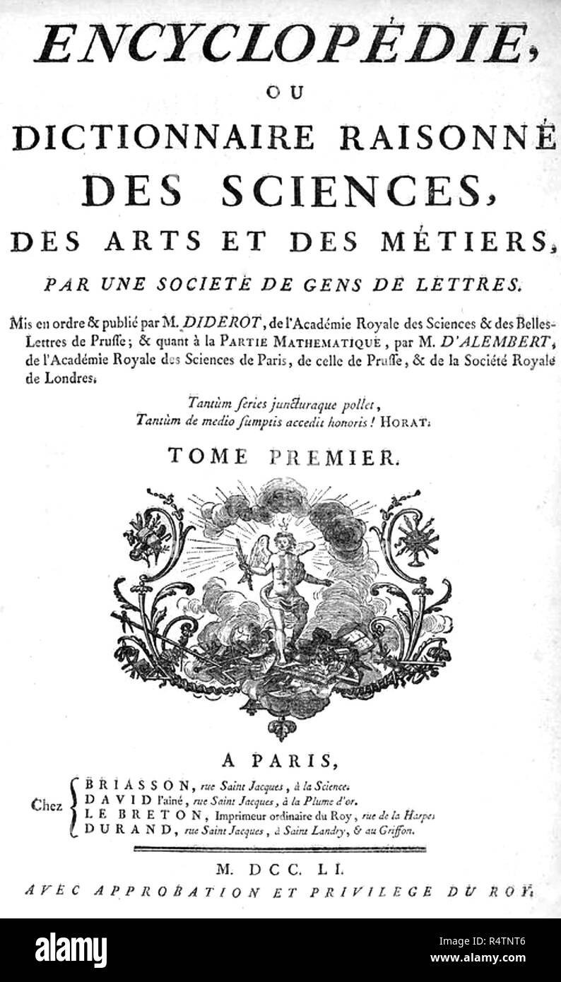 DENIS DIDEROT (1713-1784) French philosopher. Title page of his co-edited Encyclopédie (volume one) in 1751 Stock Photo