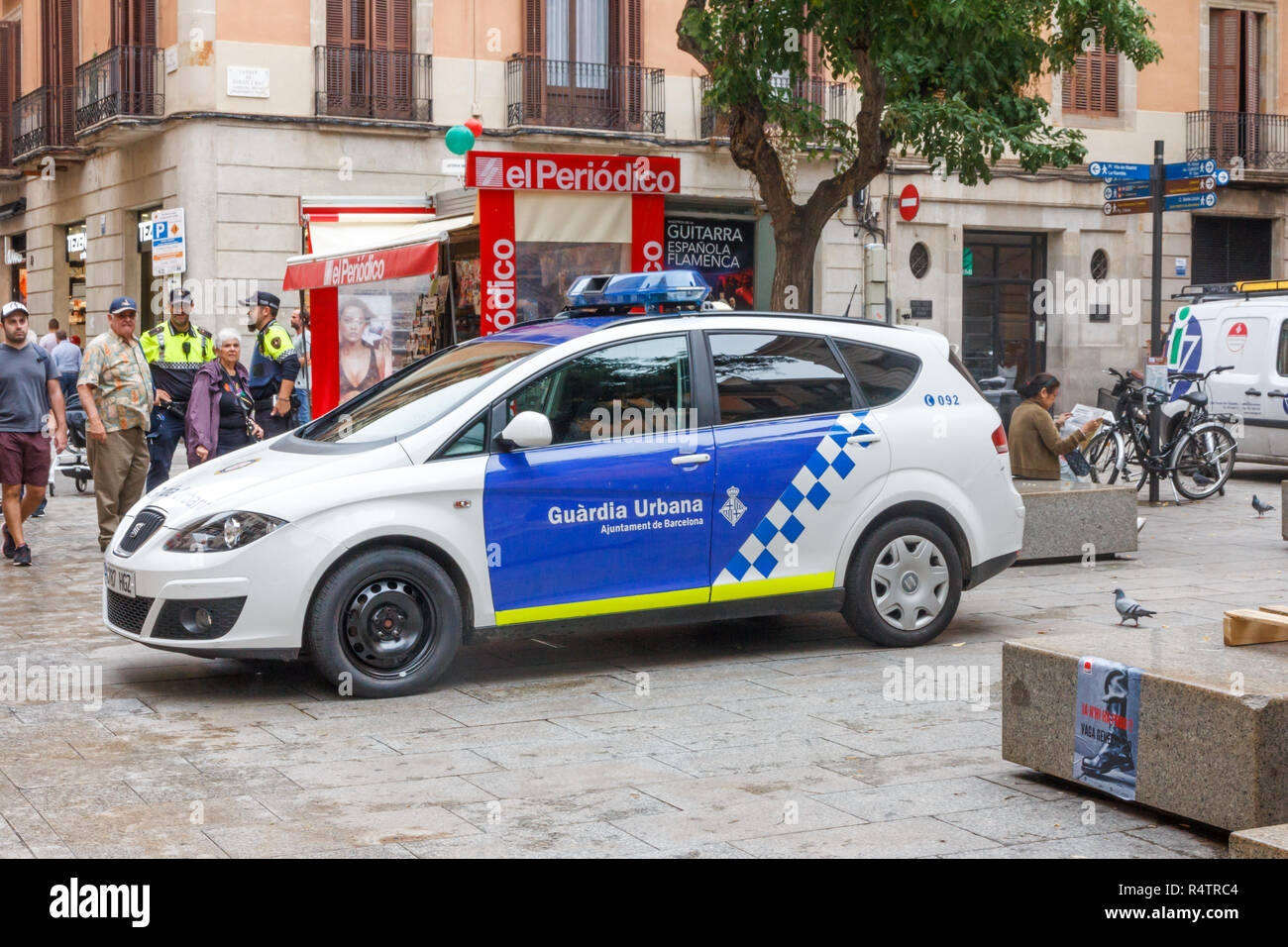 Barcelona, Spain - 4th October 2017: A police car guards a pedestrian street against terror attacks. Authorities in major cities are on high alert. Stock Photo