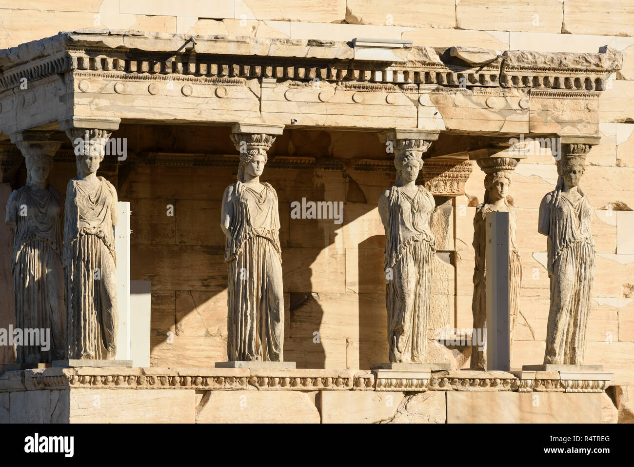 Athens. Greece. The Caryatid Porch of the Erechtheion (Erechtheum) ancient Greek temple on the north side of the Acropolis was dedicated to Athena and Stock Photo