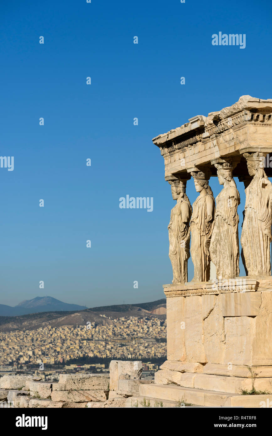 Athens. Greece. The Caryatid Porch of the Erechtheion (Erechtheum) ancient Greek temple on the north side of the Acropolis was dedicated to Athena and Stock Photo