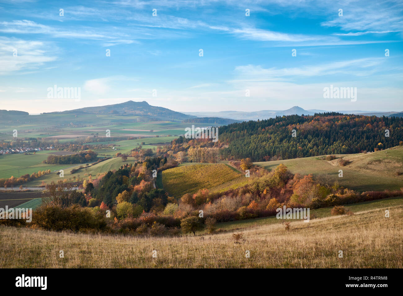 Hilly landscape with Hohenstoffeln and Hohenhewen in autumn, Hegau, Baden-Württemberg, Germany Stock Photo