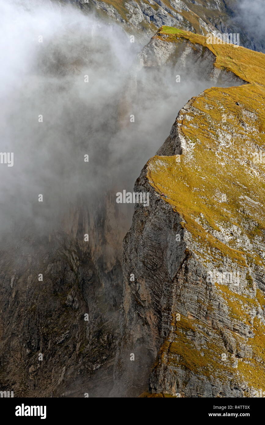 Spieljoch demolition edge in fog, Hochiss, Rofan Mountains, Achensee, Tyrol, Austria Stock Photo