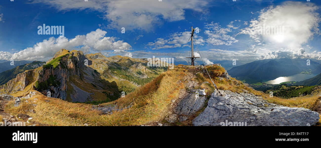 360° panorama from the summit of the Rotspitze with summit cross, Achensee, Dalfazer Wände, Rofan Mountains, Achensee, Tyrol Stock Photo