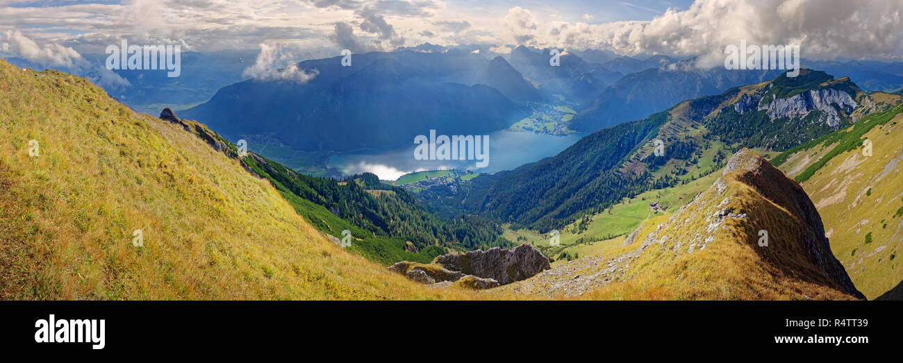 Panorama at the ridge of the Dalfazer Wände with Achensee and Karwendel Mountains, Rofan Mountains, Tyrol, Austria Stock Photo