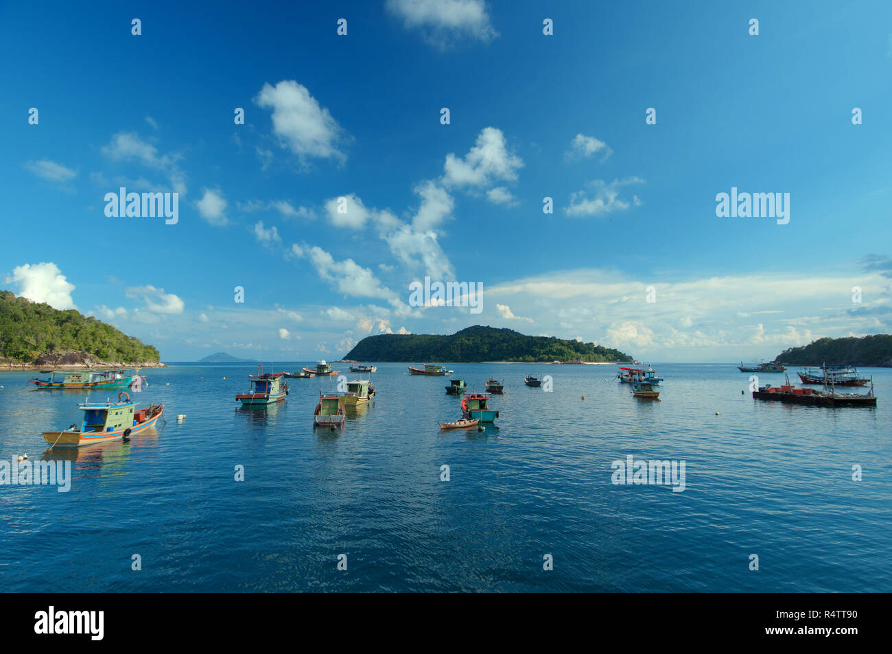 Colorful boats in the gulf, Redang Island, Malaysia Stock Photo