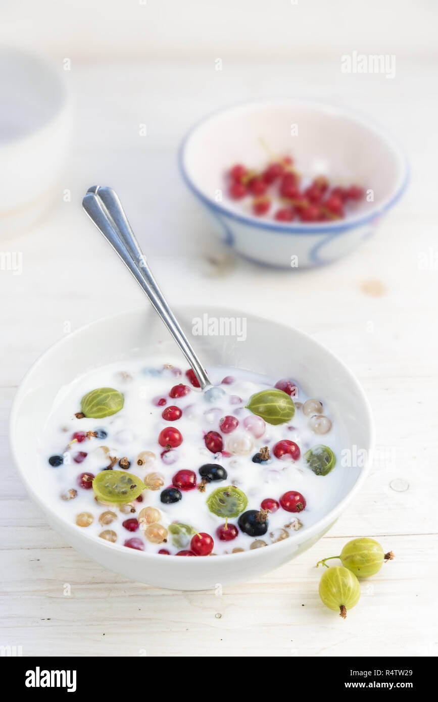 muesli with fresh currants and gooseberries in natural yoghurt, healthy summer breakfast or dessert in a bowl on a white painted wooden table, vertica Stock Photo