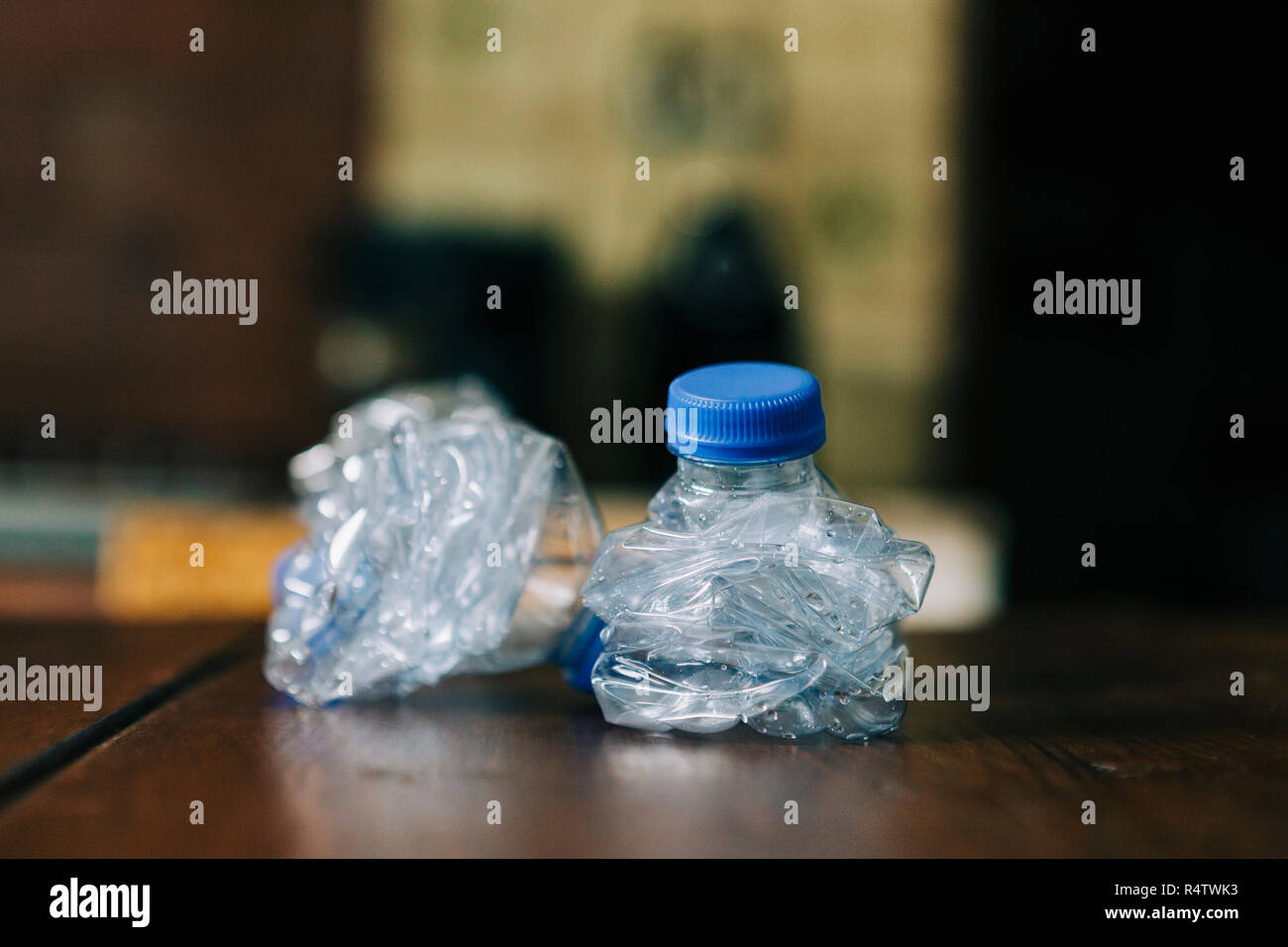 Crumpled, recycled plastic water bottles Stock Photo