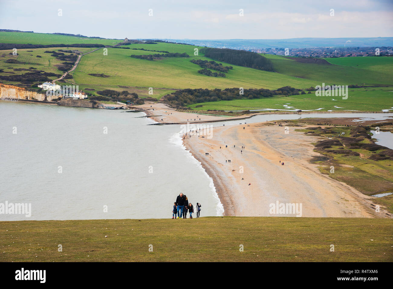 A view looking over a  beach from the South Downs Way near Eastbourne   England UK. Stock Photo