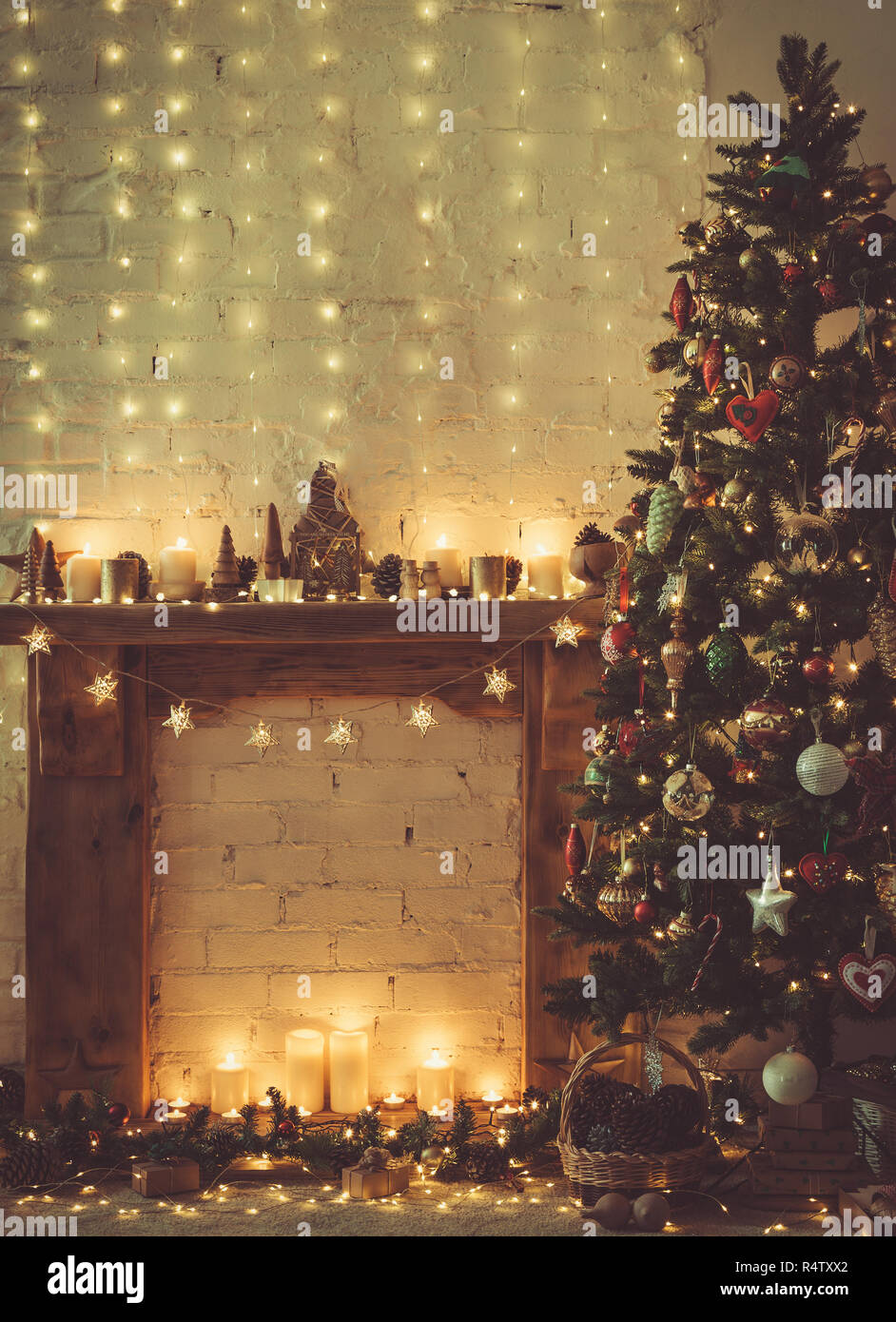 Beautiful Christmas Room Decorated Fireplace With Solid Wood