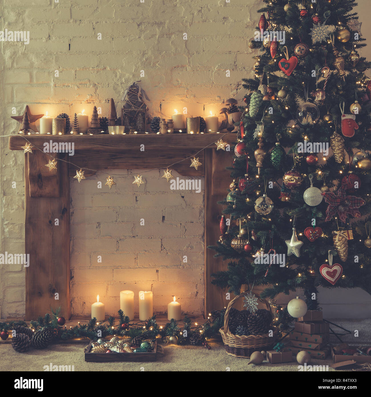 Beautiful Christmas Room Decorated Fireplace With Solid Wood
