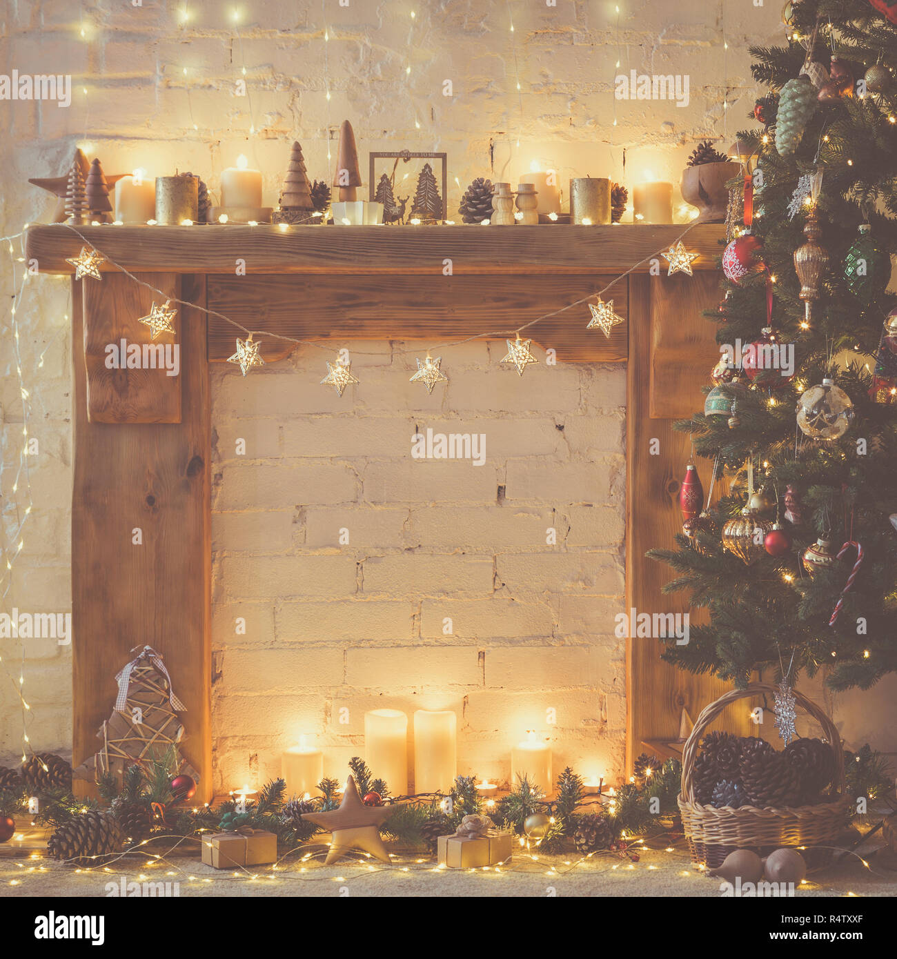 Beautiful Christmas Room Decorated Fireplace With Solid