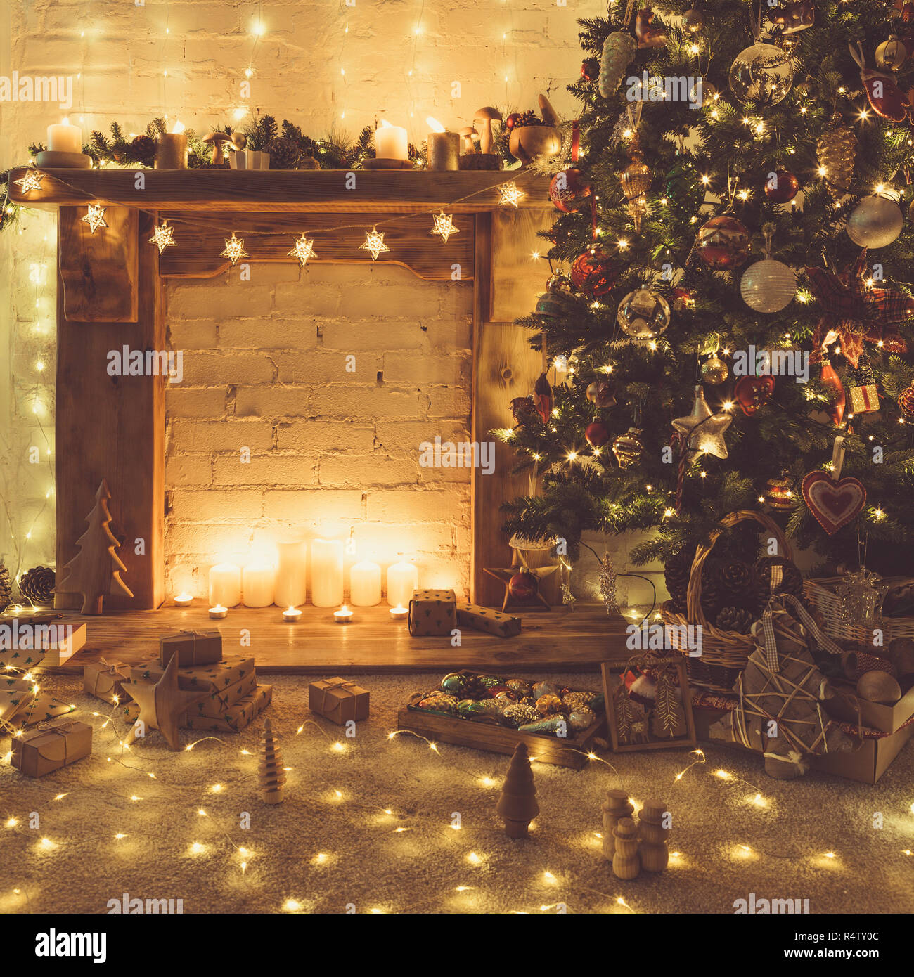 Beautiful Christmas Interior Close Up Decorated Fireplace With