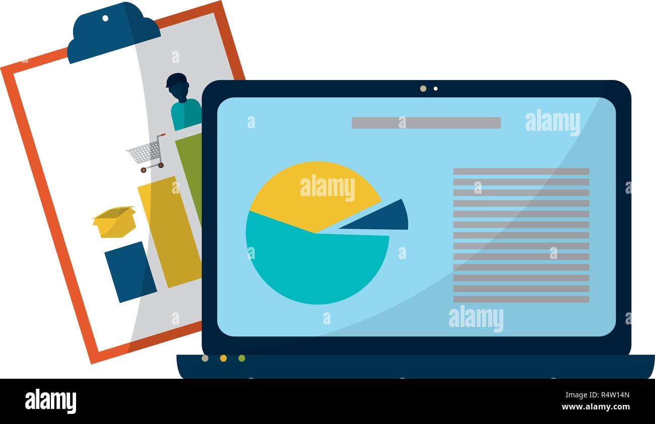Business graphs on clipboard and laptop technology vector illustration ...