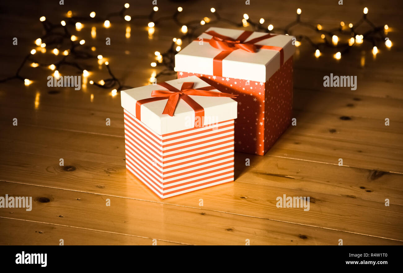 34 in. Pre-Lit Stack of Red Gift Boxes Decoration, White Lights main image 1