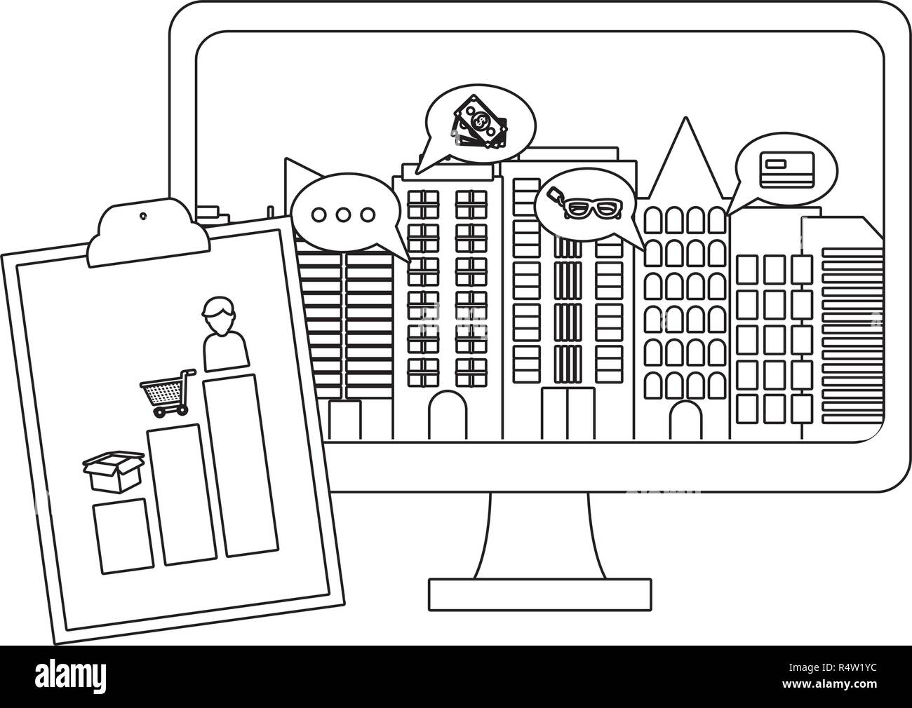 Shopping online with computer and clipboard with profits vector ...