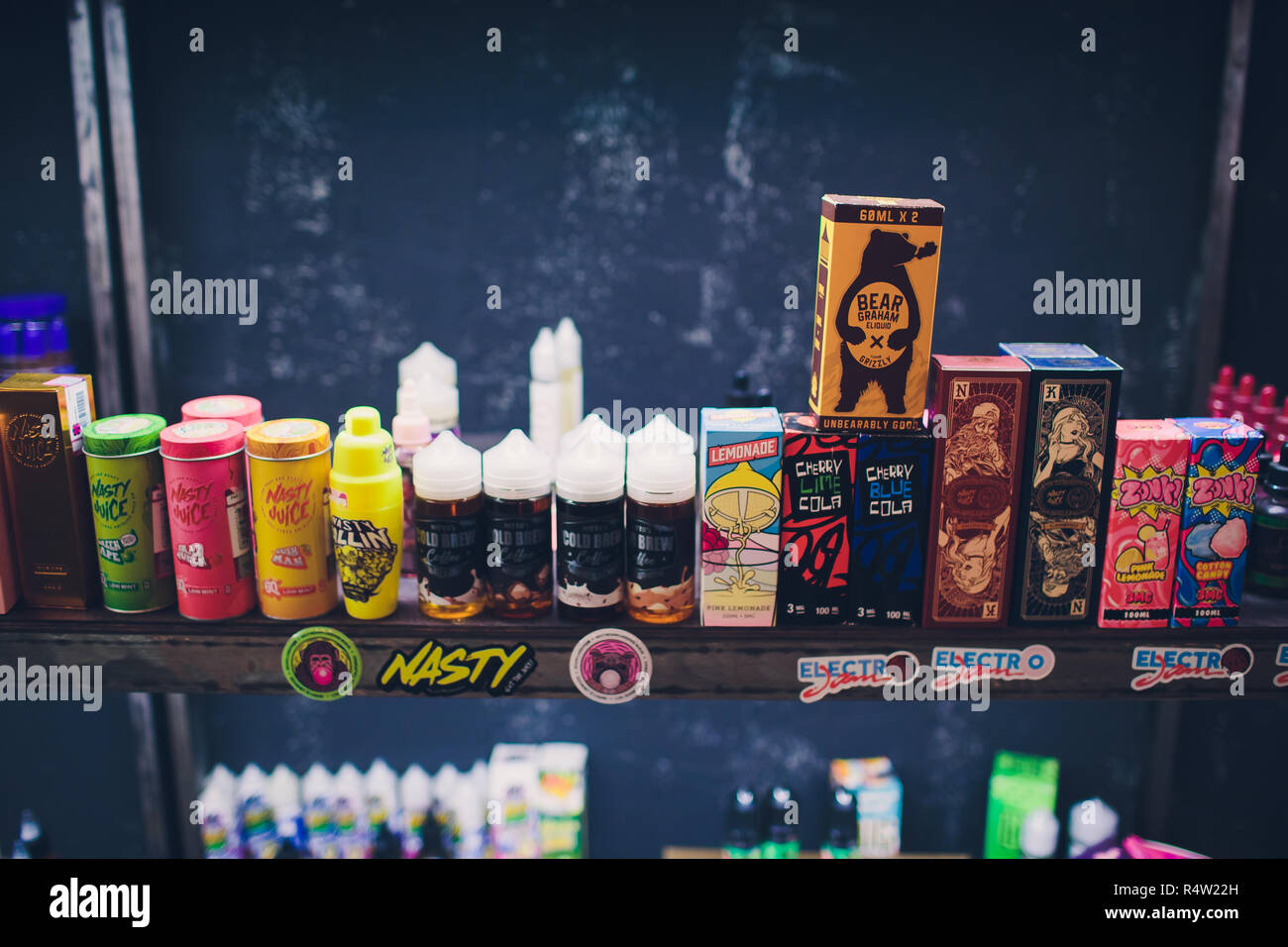 Ufa, Russia, South Vape Shop, 5 November, 2018: E-liquid e-juice High vape  for electronic cigarette vaping device , on counter in smoke vapor in vape  bar in bottles Stock Photo - Alamy