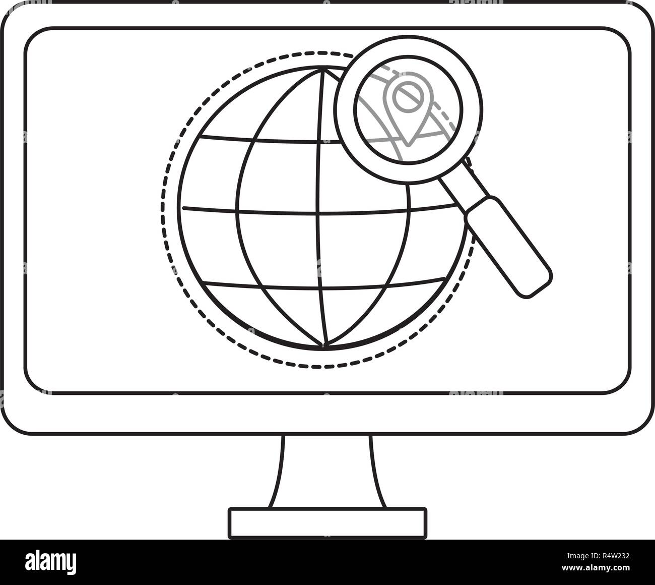 Computer screen with global sphere and magnifying glass vector ...