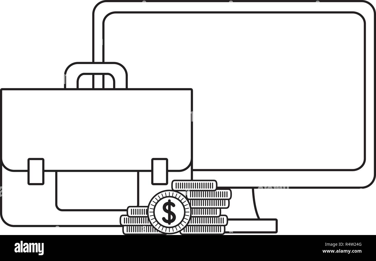 Business briefcase and computer with coins vector illustration graphic ...