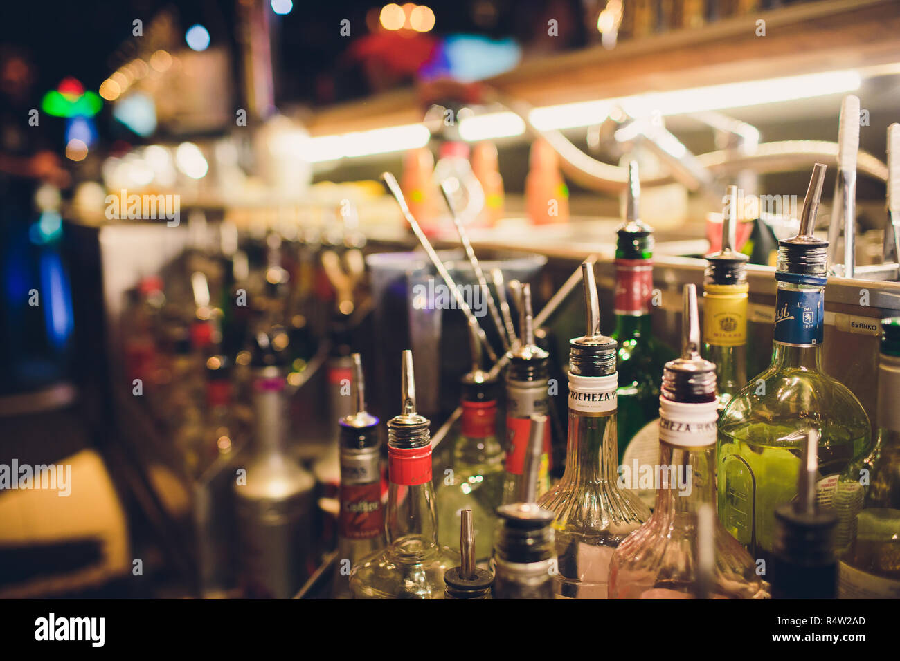 Ufa, Russia, 5 July, 2018 Set of bar equipment and bottles with tasty