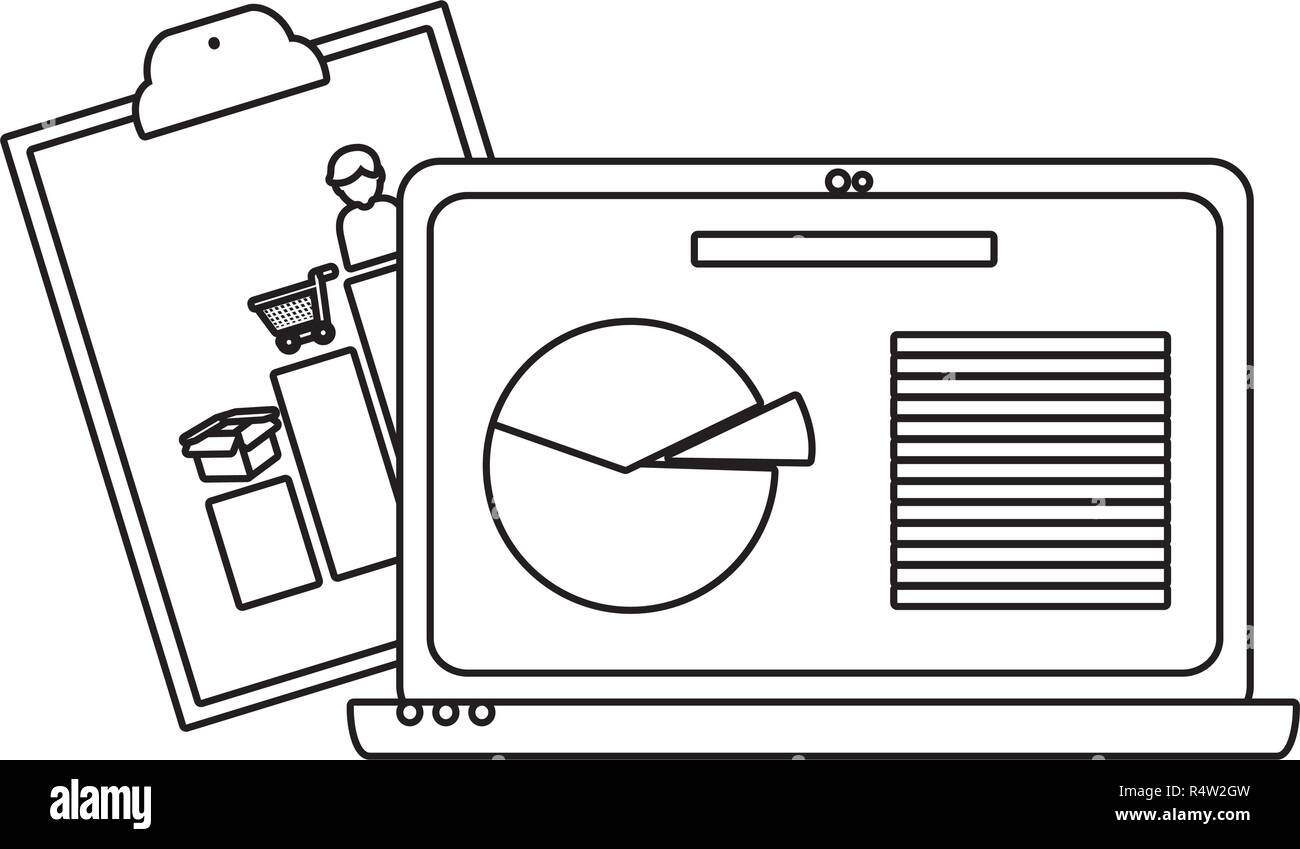 Business graphs on clipboard and laptop technology vector illustration ...