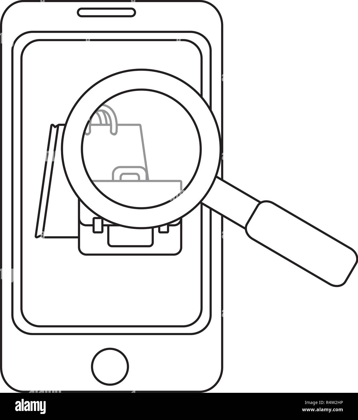 Business symbols on smartphone and magnifying glass vector illustration ...