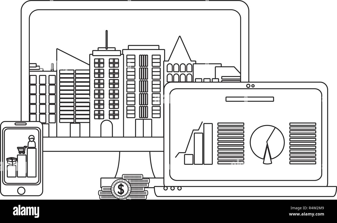 Business graphs on laptop computer and smartphone vector illustration ...
