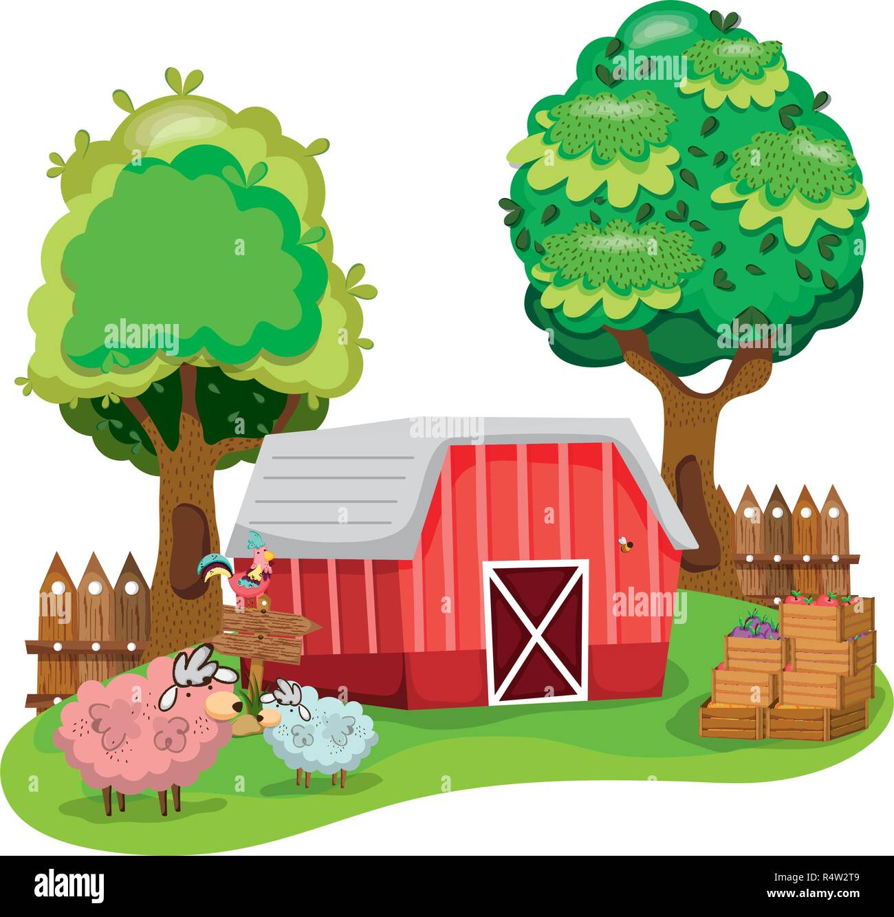 cute farm sheeps with chicken and vegetables cartoon vector ...
