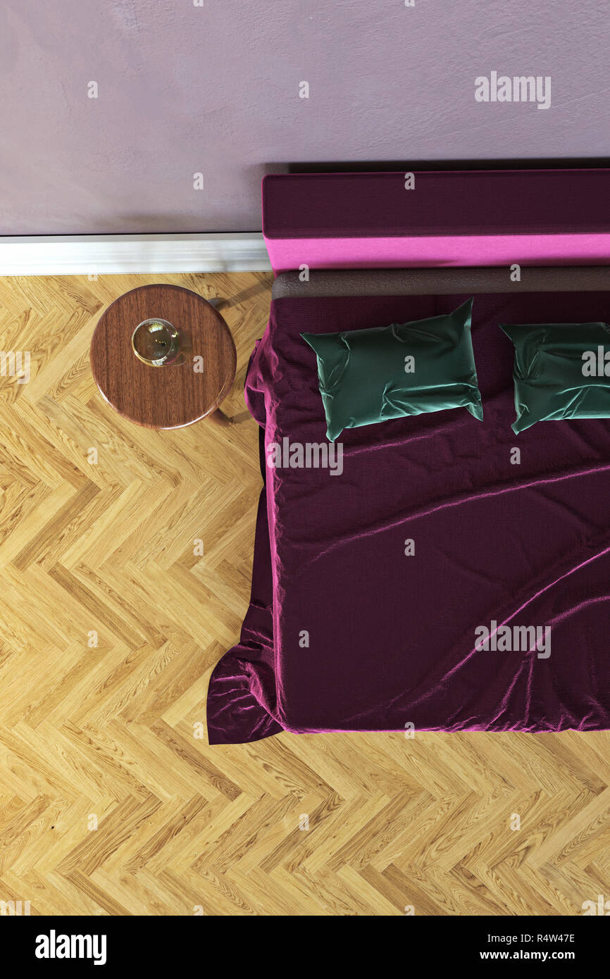 3D rendering of a bedroom with a bed and bedside table Stock Photo - Alamy