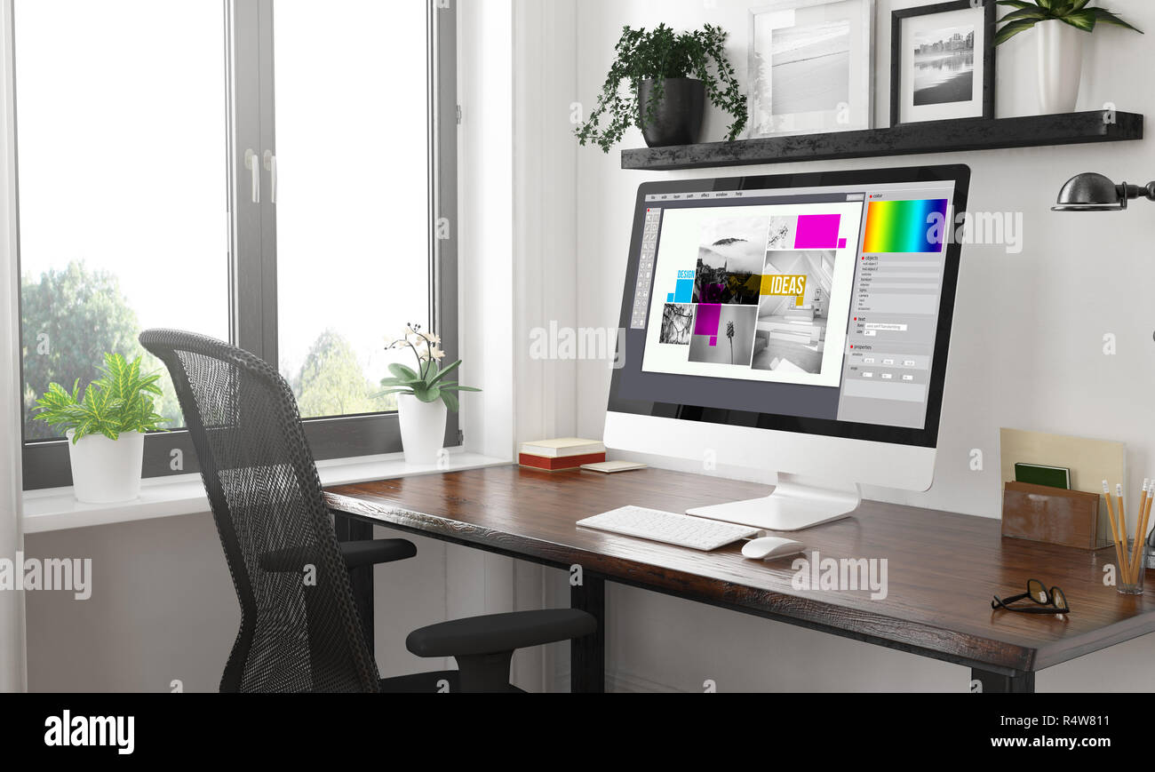 computer on desktop black and white graphic design 3d rendering Stock