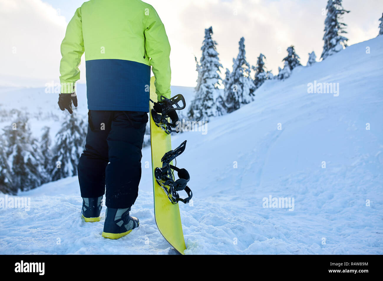 Back view of snowboarder climbing with his board on the mount for backcountry freeride session in the forest. Man with snowboard walking at ski resort. Rider lime fashionable outfit. Stock Photo