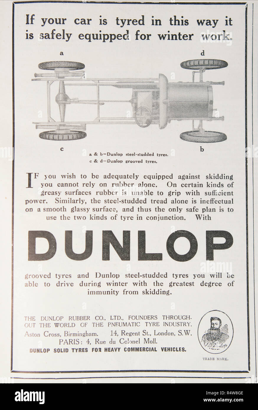 An old advert for Dunlop tyres. From a British magazine from the 1914-1919 period. England UK GB Stock Photo