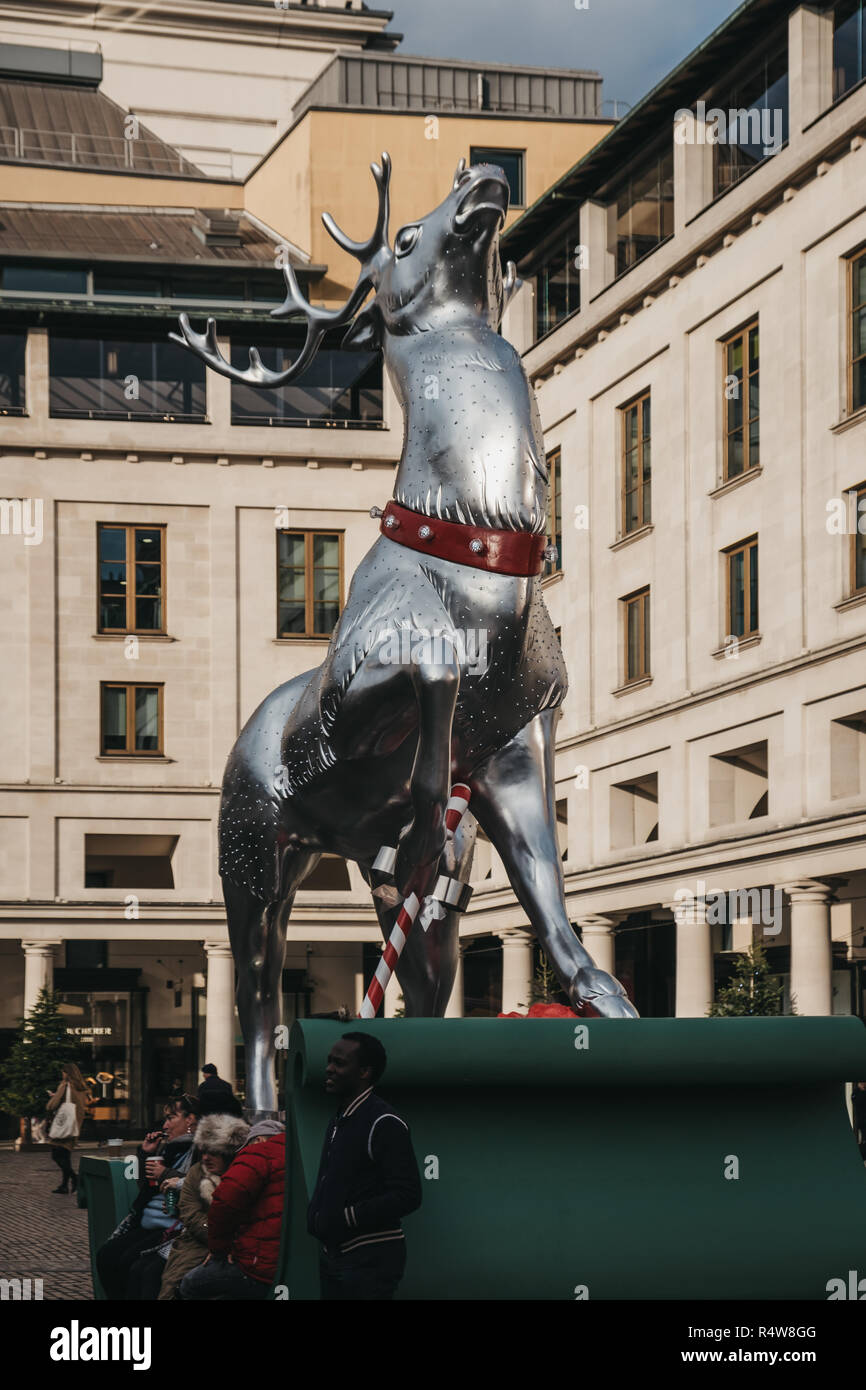 London, UK - November 21, 2018: Reindeer Christmas decorations in Covent Garden Market, one of the most popular tourist sites in London, UK. Stock Photo