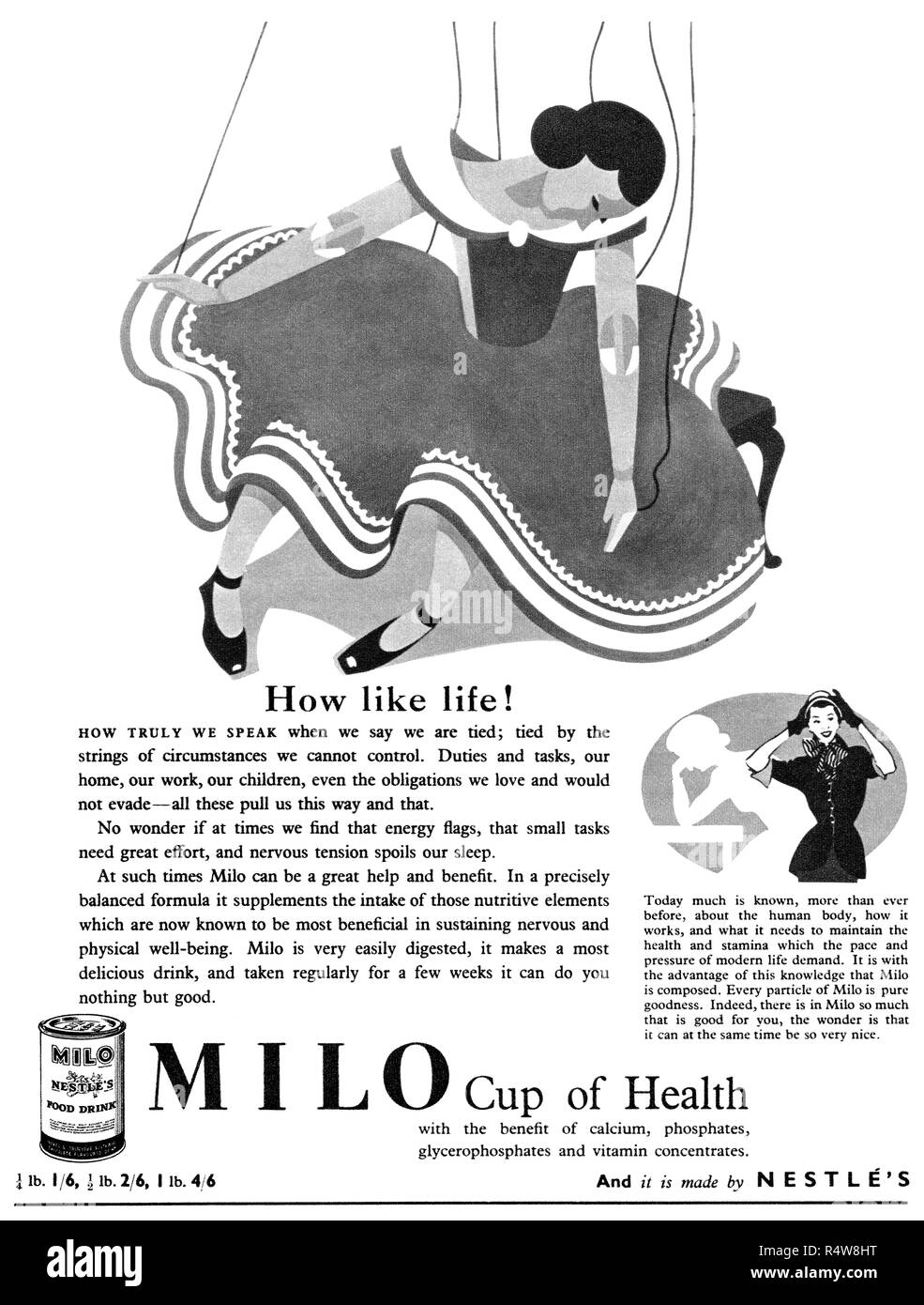 1959 British advertisement for Nestlé's Milo Food Drink. Stock Photo