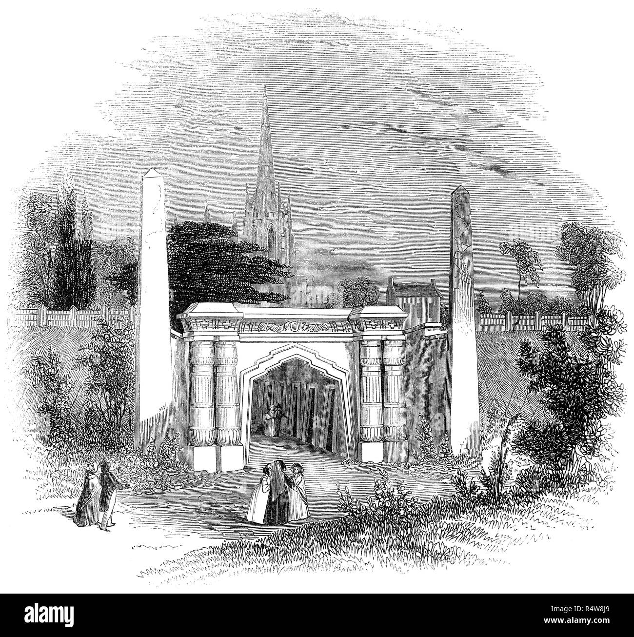 1845 engraving of Highgate Cemetery, showing the entrance to the Egyptian Avenue. Stock Photo