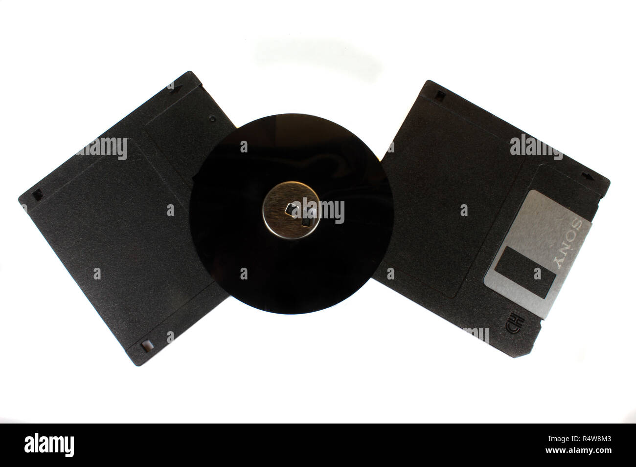 A set of floppy disks with an open disc in between which is