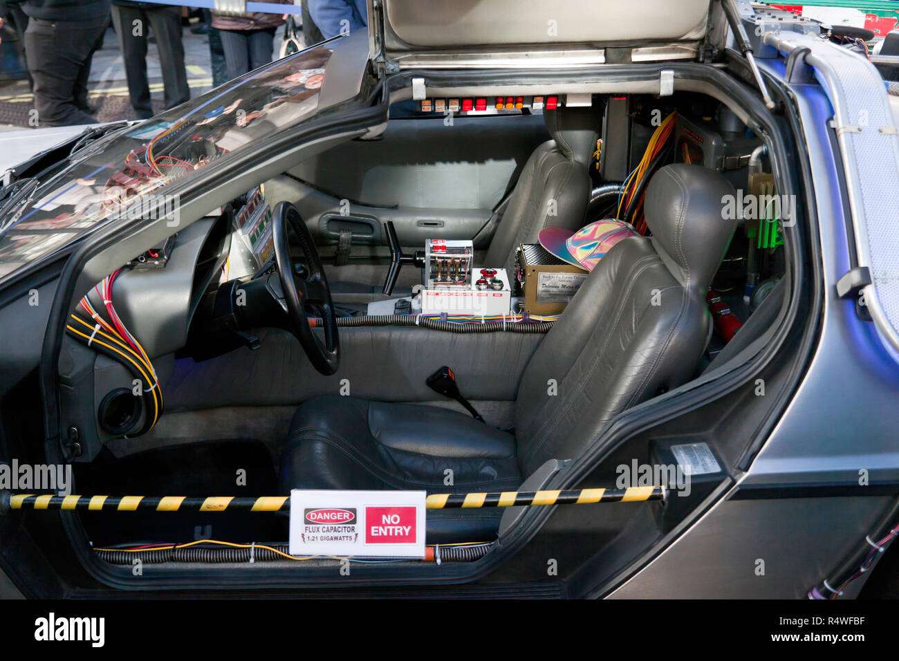 Interior view of the DeLorean time machine  from the Back to the Future films, on display at the 2018 Regents Street Motor Show Stock Photo