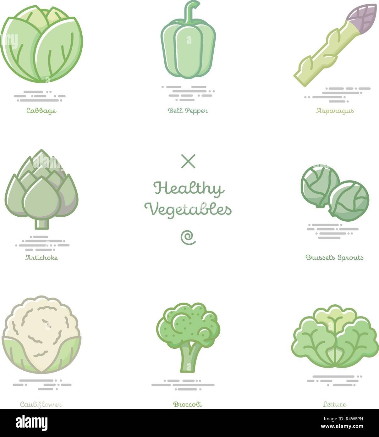 Vector illustration of eight healthy vegetables including cabbage, bell pepper, asparagus, artichoke, brussels sprouts, cauliflower, broccoli and lett Stock Vector