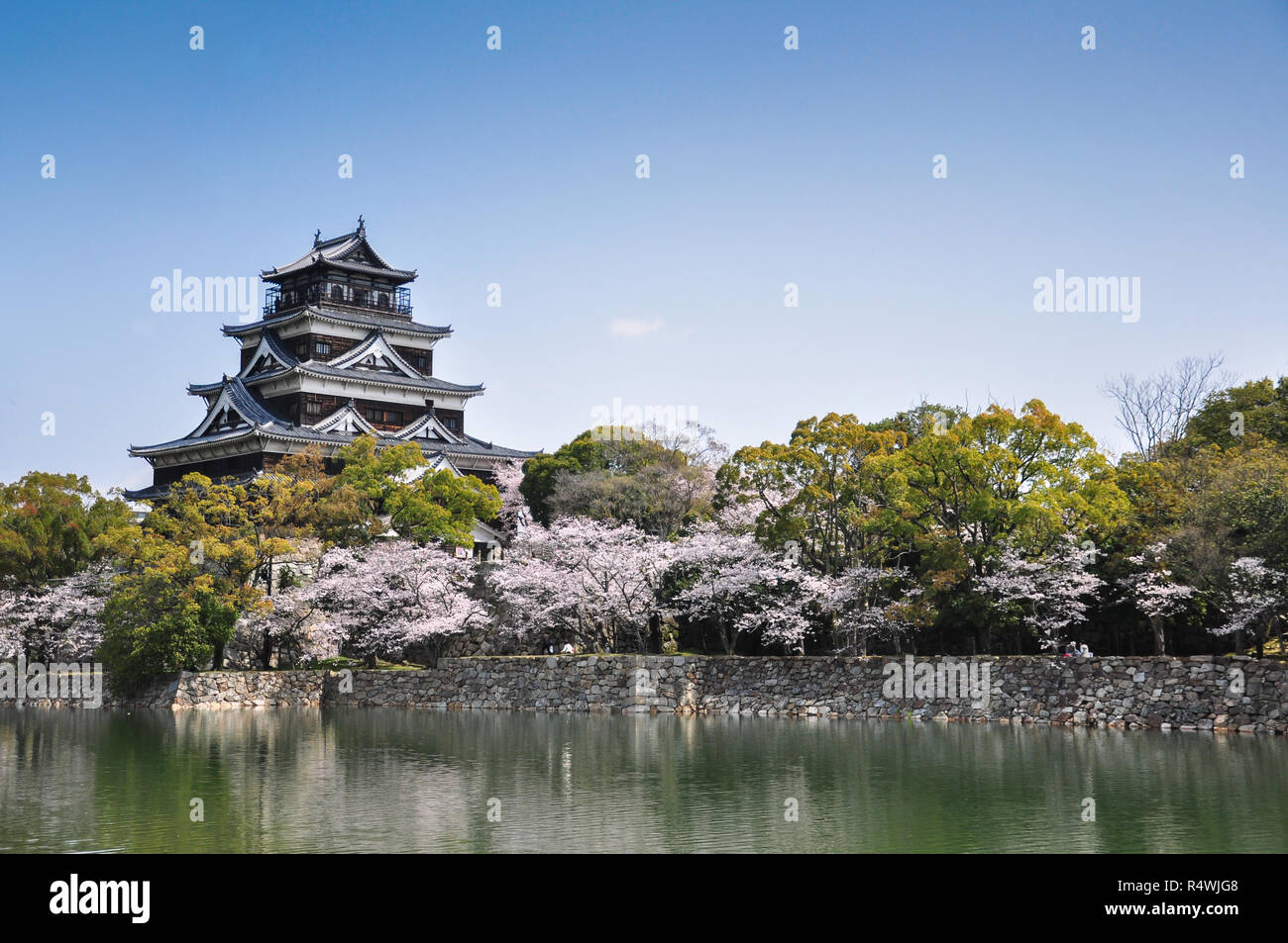 Hiroshima castle on the side of Otagawa river in spring Stock Photo